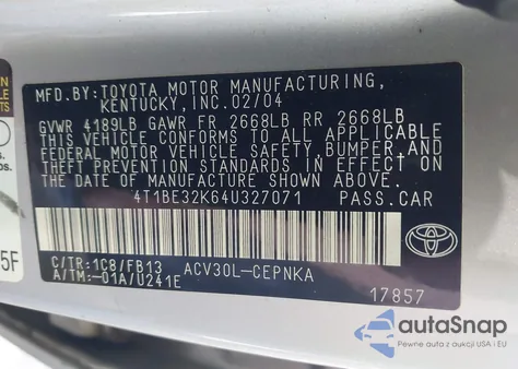 2004 Toyota Camry Le z USA, uszkodzony, nr VIN 4T1BE32K64U327071